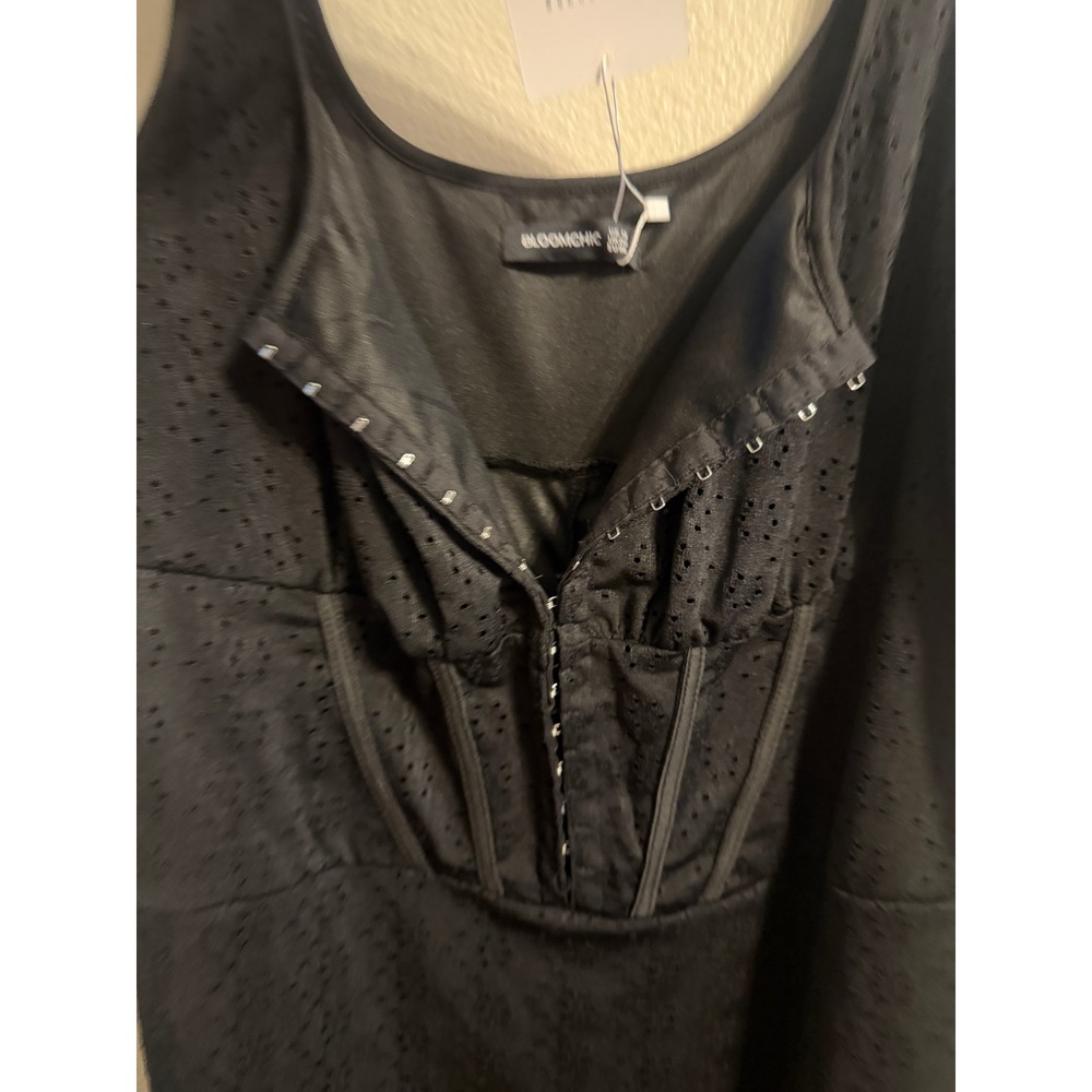 Bloomchic Black Eyelet Corset Midi Dress Hook & Eye Front Size 16 Sleeveless - Picture 3 of 10